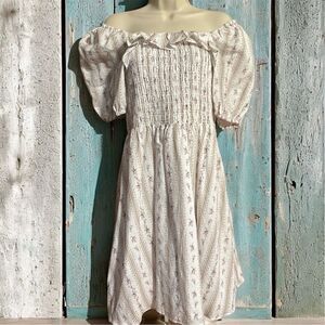 Chelsea & Violet Striped Ditsy Floral Smocked Puff Sleeve Knee Dress